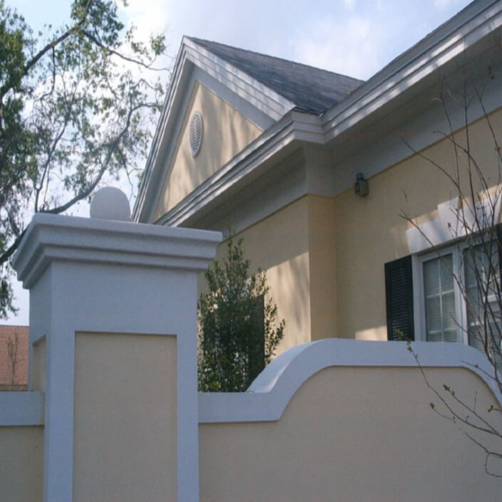 Precast concrete pier cap, wall caps, trim as well as foam shutters